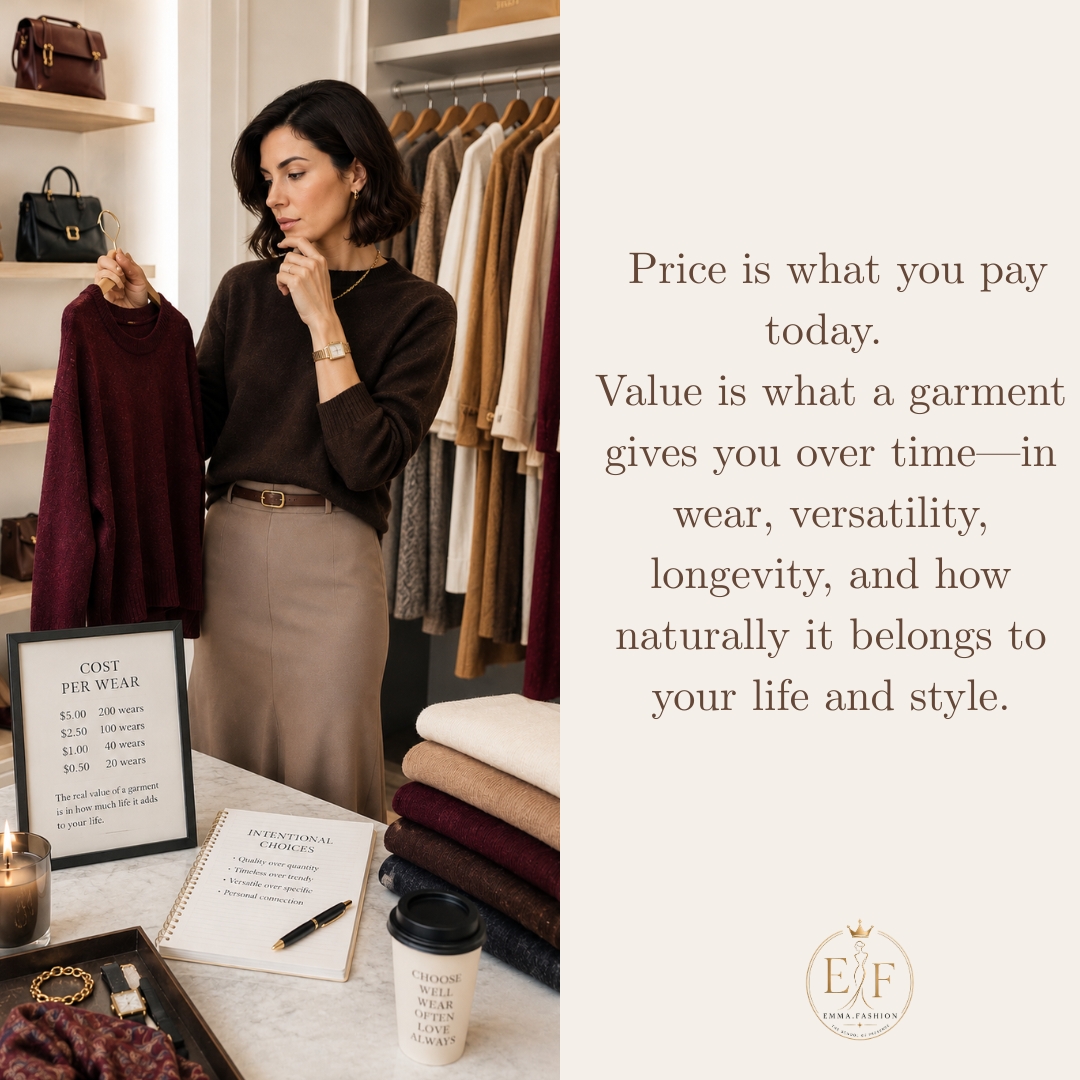 Woman considering clothing in a refined wardrobe, illustrating cost per wear, clothing value, and intentional fashion choices
